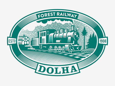 Dolha Forest Railway (finalized) engraving forest loco locomotive logo railway scratchboard signage steam train vintage