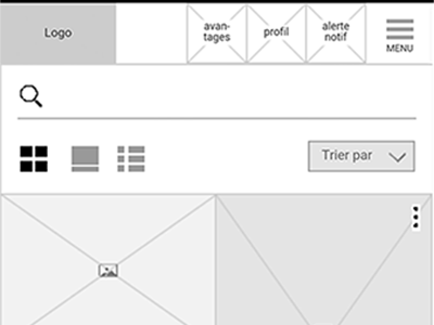 Wireframe mobile <HomePage> 320x480 black white greys mobile first nocolors responsive right burger menu ui wireframe