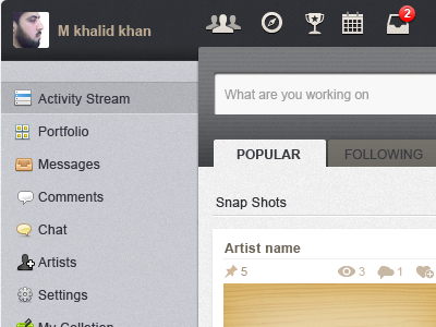 App ui app artist chat comments dashboard icons left m khalid nav notification posts profile selected snapshots tabs ui