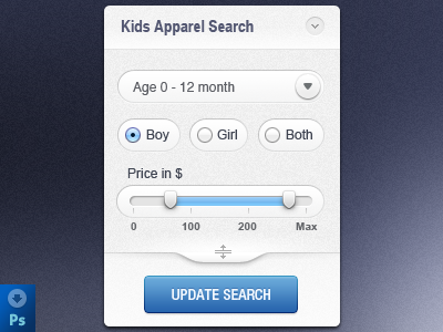 Kids Apparel Search button call to action download drop down e commerce form input field price range psd radio search