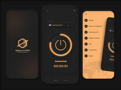 SaturnVPN App | UI/UX Design [Dark Mode] app application black blur concept dark darkmode design glassy logo matte minimal mobile saturn secure ui uiux ux vpn