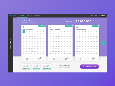 Improved Play board Screen card design design gaming keno lottery ui user interface
