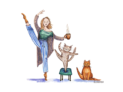 morning warmup animals cats children illustration dancer dancing illustration morning watercolor