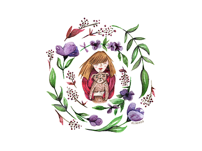 floral girl portrait cartoon character design dog doodle flowers girl illustration portrait watercolor women