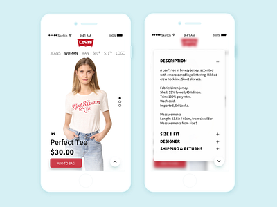 Levi's mobile product page redesign app clothing description design ios levis mobile mockup sketchapp tshirt ui ux