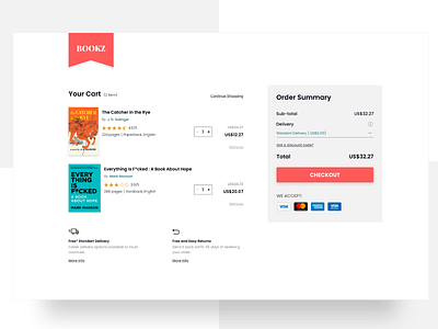 Cart Screen UI for BOOKZ 🛒 adobexd book cart checkout design ecommerce freebie interface payment red shopping shopping cart ui user experience ux webdesign