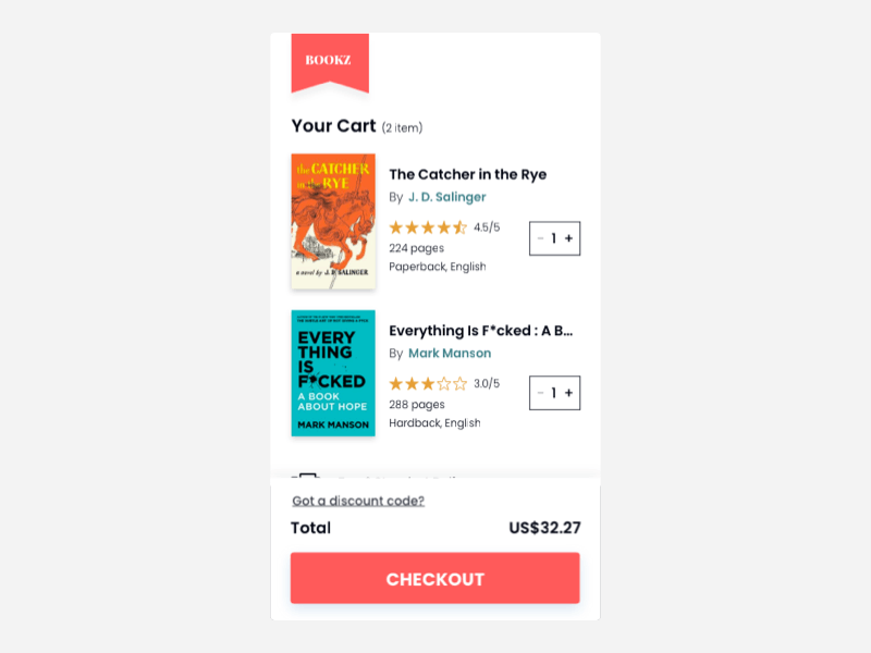 Cart Screen Mobile UI for BOOKZ