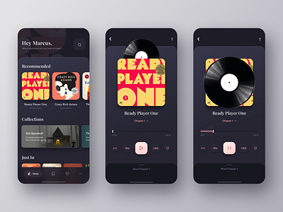 Audio Book App app audio audiobook book card dark gradient listening minimal music player read reading ui