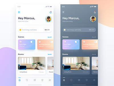 Smart Home Light and Dark app automate automatic automaton card daily 100 daily ui dark dark ui energy gradient gradient design home home app home automation minimal monitor security smart smart home