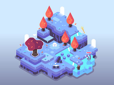 Treasure Chest in a Forest 2.0 design fantasy games illustration illustrator isometric landscape level monster nature trees trident vector video games water waterfall