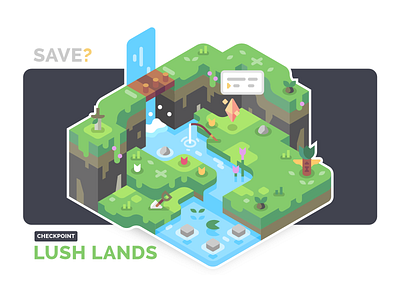 Checkpoint: Lush Lands adventure environment game green illustration isometric landscape nature save point waterfall