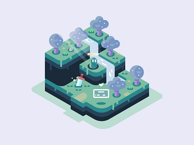 Save Point design fantasy green illustration illustrator isometric landscape nature save point trees vector video games waterfall