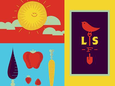 Little Sparrow Farms banner elements bright clouds colors farm fruit illustration little shovel spade sparrow sun vegetables