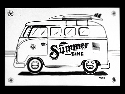 VW Bus Postcard 70s beach bus illustration ink peace postcard summer time surfboard volkswagen vw bus