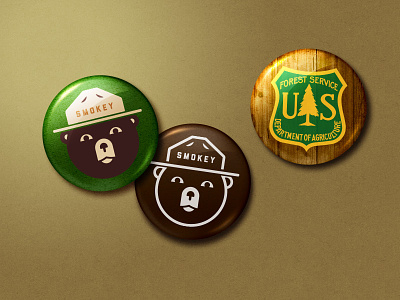 Smokey Bear Button Pins buttons camping circle fire forest hiking logo pins redesign simple smokey bear wildfire