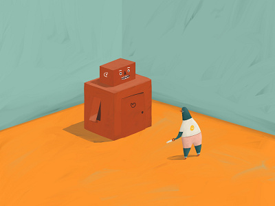 Building a Robot V1 cardboard box children friend illustration imagination lonely orange robot science teal