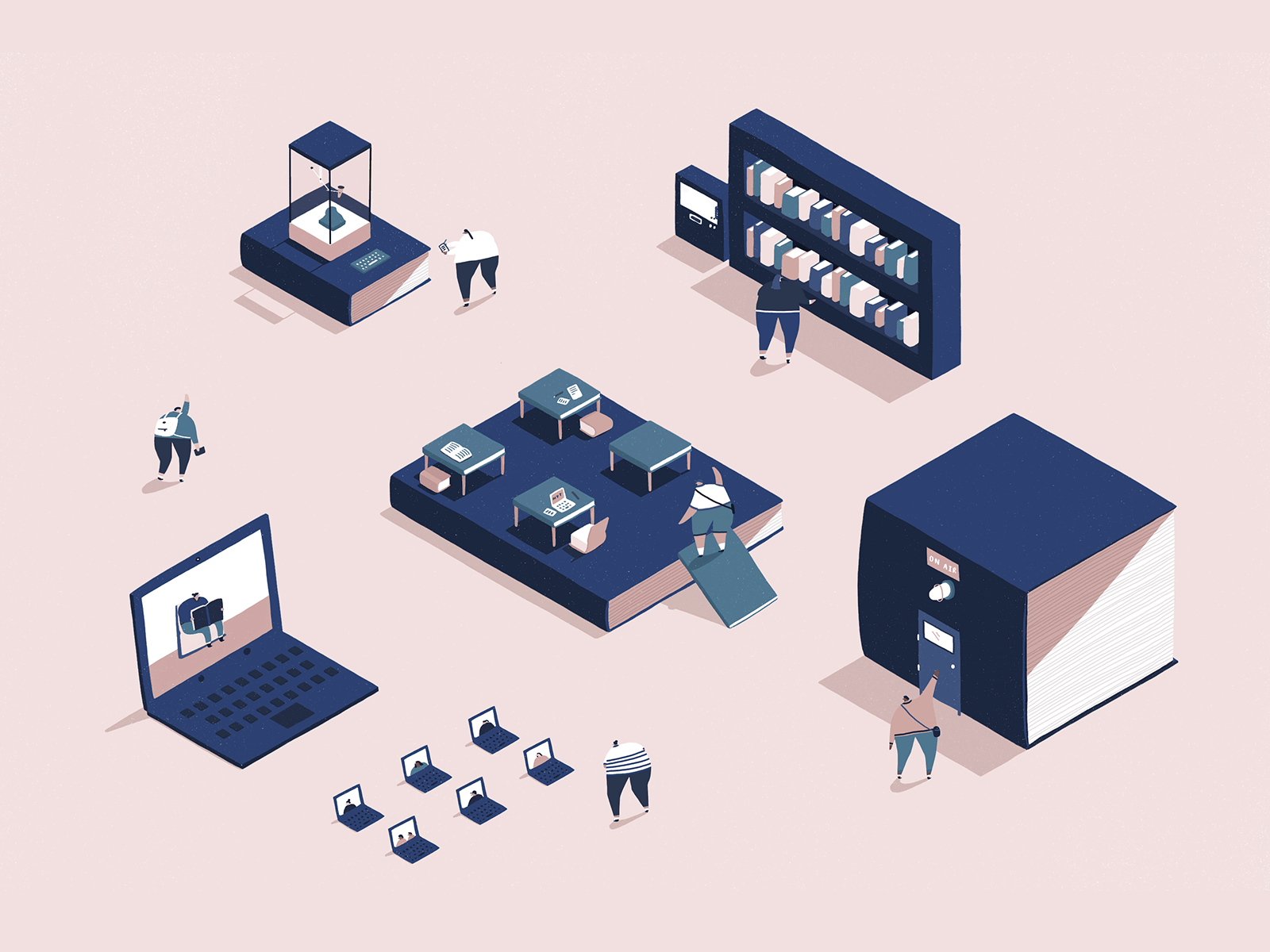 Libraries after lockdown - For NYT books editorial illustration future of libraries illustration isometric libraries mini miniature people new york times nyt small world
