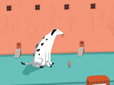 Big Dog big dog buildings bus character childrens clifford the big red dog dalmation dog drawing friendly house illustration people pets red bus street surreal