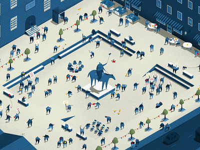 Public Spaces - Knights First Amendment Institute architecture buildings cities crowds design digital age discussion editorial first amendment illustration isometric isometric illustration knights first meeting people point 5 protest public space talking town square