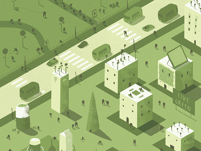 Green Living - Soho House buses character cities dalebrains dalesbits environment fun future futuristic green living illustration isometric live green nature people public transport small people trees utopia
