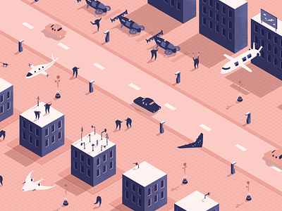 The Future of Aviation - CNN aviation buildings cards cities cnn colour editorial flight future futuristic gif illustration isometric people planes road space technology town travel