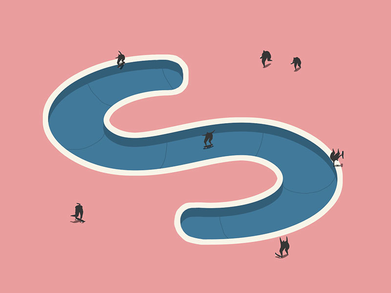 Skatepark(s) blue pink fun skateboarding miniatures isometric skate pool bowl skatepark s typograpy type illustration