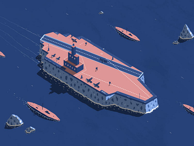 Aircraft Carrier on Ice - For CNN Travel aircraft blue ice iceberg illustration isometric ocean pink planes sea water ww2