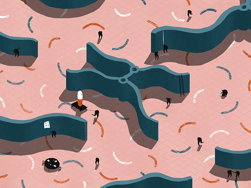 Image for Mosaic Science - Pills & Depression. miniatures people white pink blue red pattern shapes pharmaceutical pills fun playful header editorial mosaic science isometric illustration