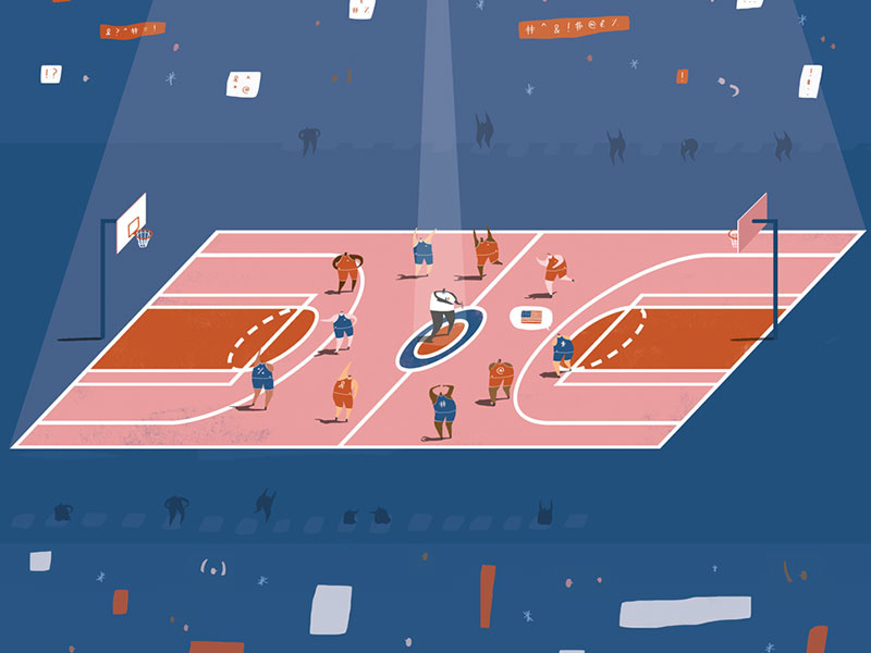 NBA Illustration - For New York Times editorial design basketball illustration sports illustration sports game blue pink referees swearing new york times nyt basketball nba oblique illustration