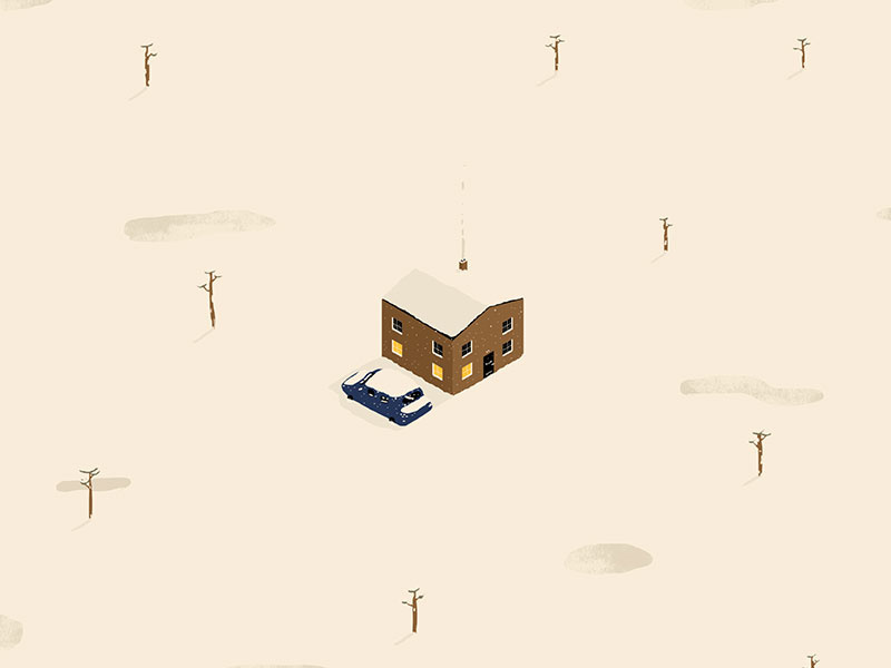 Snow miniatures cold winter snowed under isolated desolate trees house car snow isometric illustration