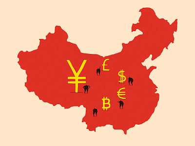 Setting up in China bitcoin cartography china commerce currency dollar euro export financial illustration import map money pound red spot yen