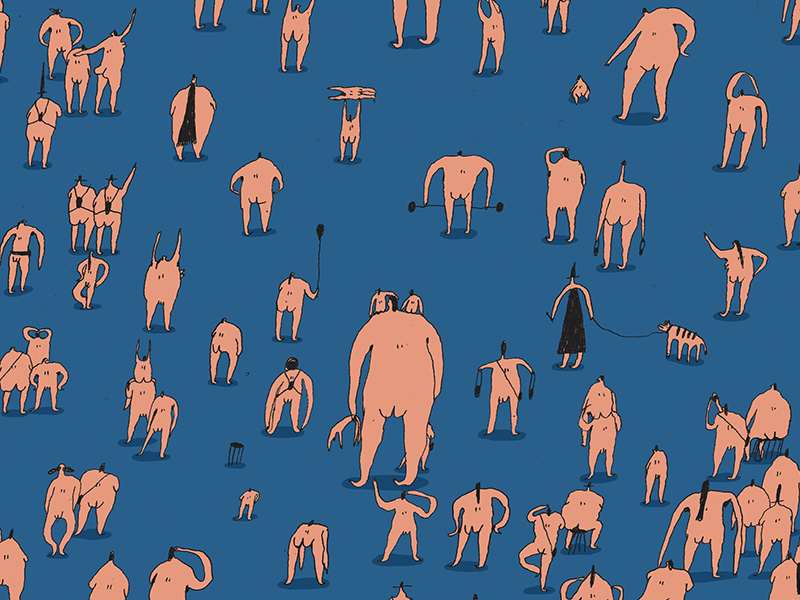 Pure and Simple Nakeys blue crowd dog illustration nakey nude people pink