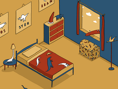 Dinosaur Bedroom bedroom bran dinos dinosaur lamp dinosaurs fun illustration interior isometric primary colours stegasaurus trex