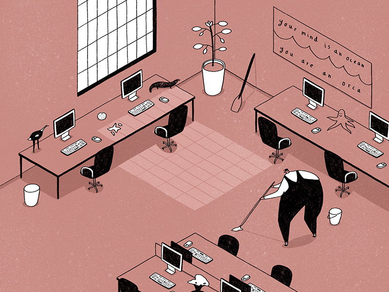 36 Days of Things in a Room Beginning with...O studio pastel pink 9 to 5 work window 36daysoftype o things beginning with o office isometric illustration