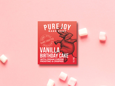 Pure Joy Bake Shop Logo & Product Label Desing. animal branding crosshatch crosshatching dancing elephant design elephant hand drawn illustration joy logo design playfull vector vintage