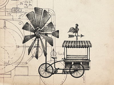 Whimsical Flying Market Cart black ink hand drawn illustration steampunk vintage whimsical whimsy
