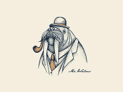 Mr. Warlus :) animal funny hatching illustration rustic vector vintage walrus