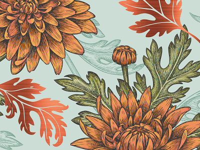 Autumn autumn chrysanthemum flowers hand drawn illustration metallic foil pattern product sleeves vector