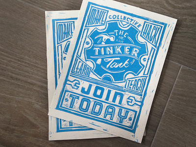 Tinker Tank Poster block print blue carving flyer hackerspace hand made hand printed linoleum miami one color poster print