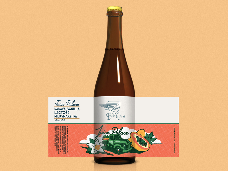 Beat Culture "Juice Palace" Beer Bottle Packaging beat culture beat culture beer beer branding beer label bottle art branding design designs illustration ipa package design packaging papaya truck typography