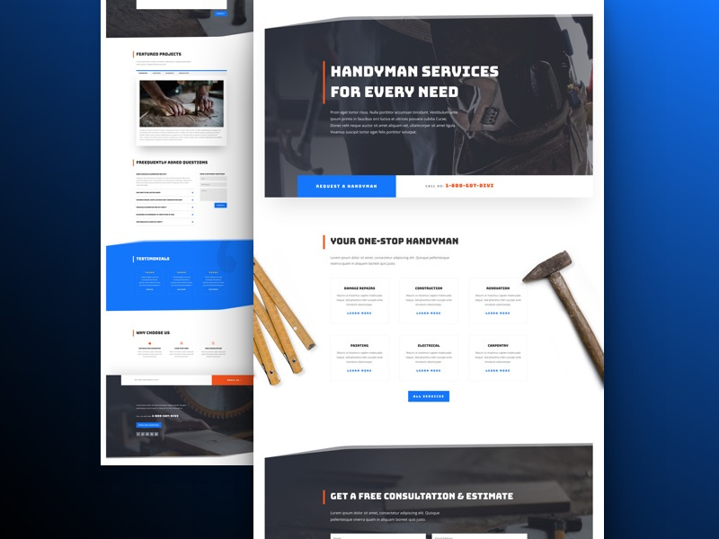 Handyman Website Template - Sneak Peak wordpress website template construction handyman layout landing divi