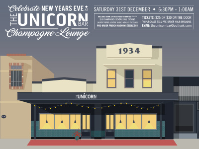 Unicorn Bar New Years Eve Poster architecture flat illustration nostaligic nye poster typography