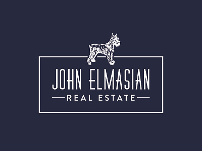 John Elmasian Logo dog house logo mark navy open house puppy real estate realtor rectangle schnauzer