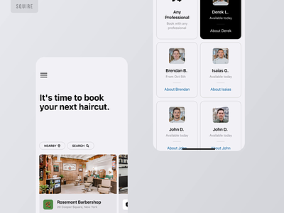 SQUIRE - Booking app animation app application appointment barber barbers barbershop book booking business design haircut hiring mobile mobile design smooth squire ui ux uxui