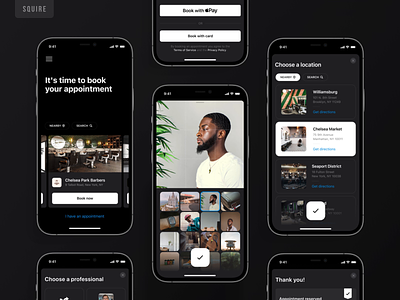 SQUIRE - Booking app dark mode animation app application appointment barber barbers barbershop booking business dark dark mode design haircut hiring mobile motion squire ui ux uxui