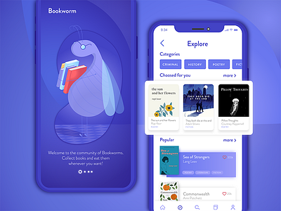 Bookworm - app for book readers . app book books discover gradient illustration iphone ui ux vector x