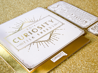 Curiosity Advertising 2014 Holiday Invitations 1950s art deco classy film awards foil stamp gold foil holiday invitations old hollywood white and gold
