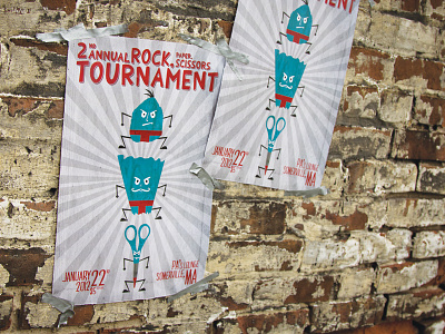 Rock, Paper, Scissors Tournament blue event poster graphic design illustration mustache red red and blue rock paper scissors sumo wrestlers textures typography