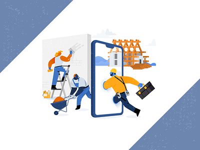 Illustration for app app blue branding builder construction contractor flat header house illustration painters toolbox vector website workers yellow