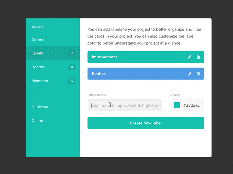 Create Labels in Wiplo blue color design green labels modal picker red ui web wiplo